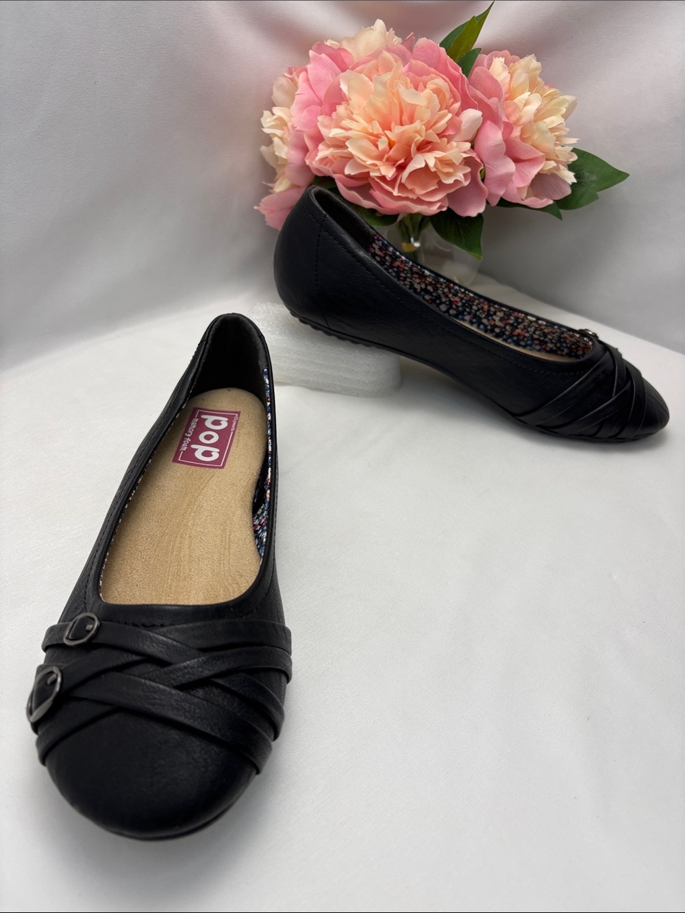 POP Nelly Women's 9 Black Slip-On Ballet Flats with Decorative Straps #430